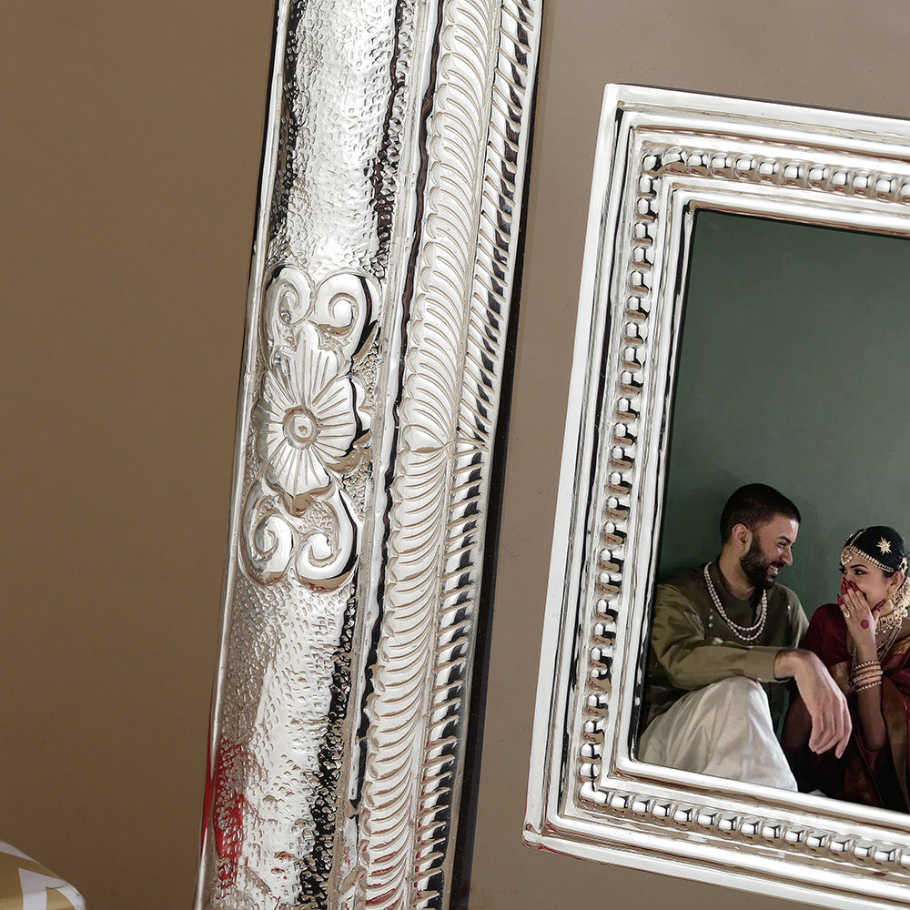 Silver-Plated Rectangular Photo Frame with Intricate Floral Detailing