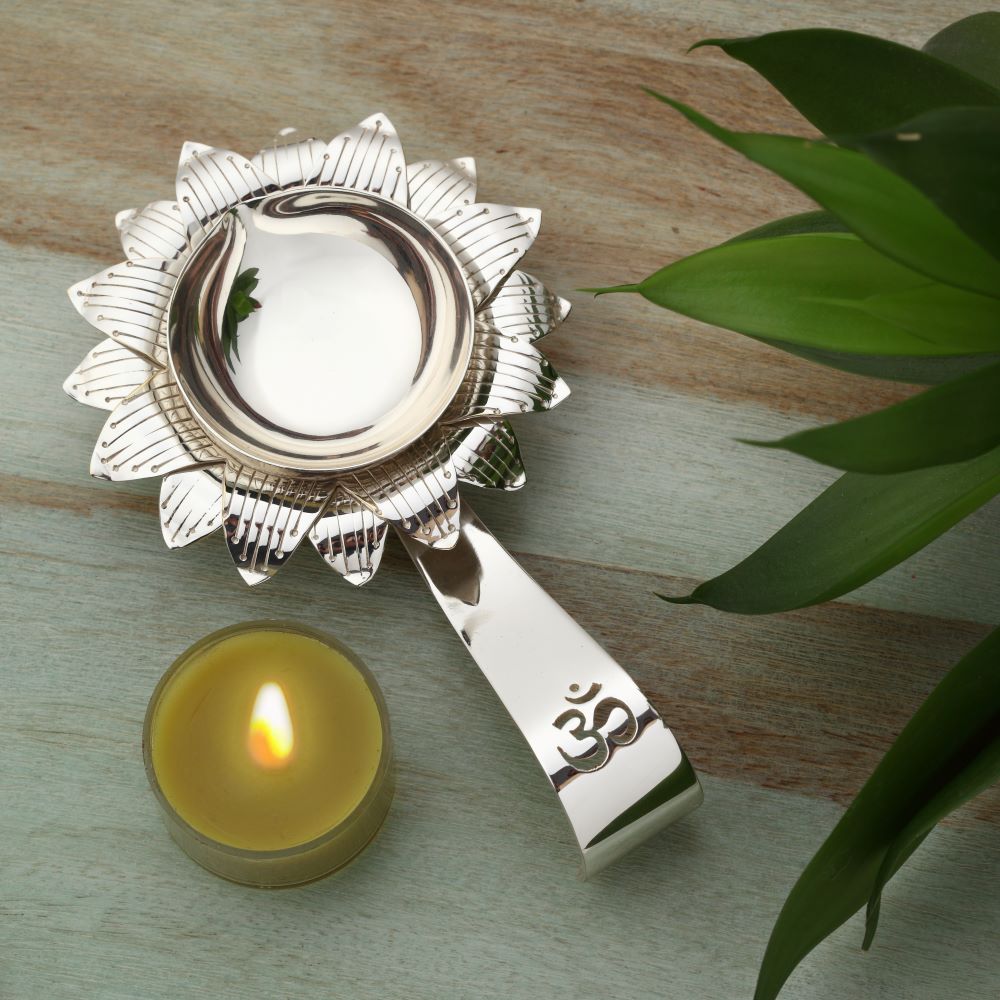 Silver-Plated Diya with Om Cutwork Handle