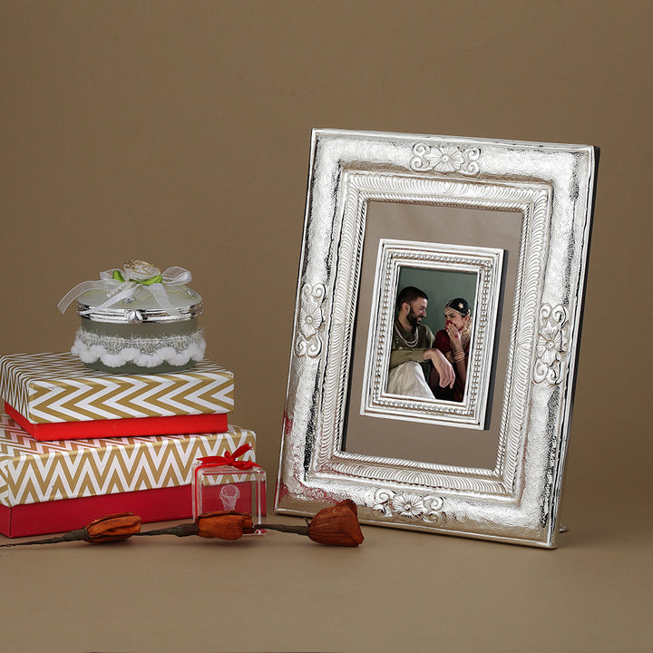 Silver-Plated Rectangular Photo Frame with Intricate Floral Detailing