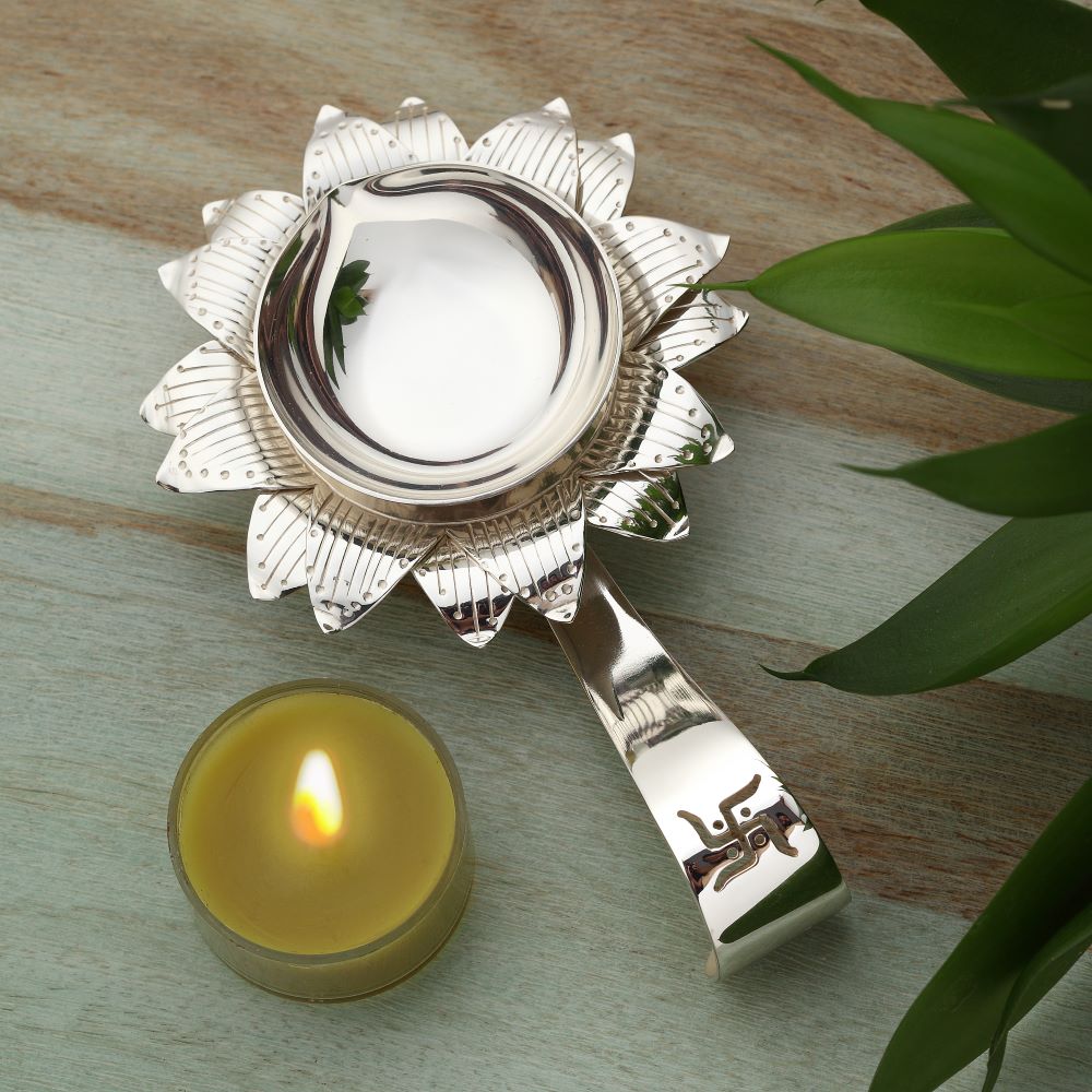Silver-Plated Diya with Swastik Cutwork Handle