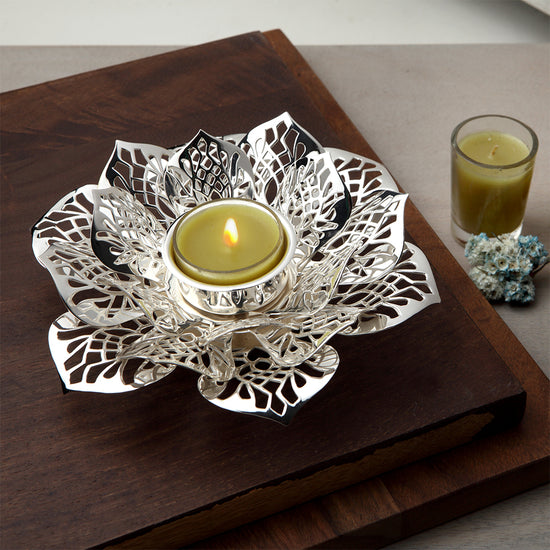 SILVER PLATED TWISTED JAALI LOTUS TEA LIGHT HOLDER