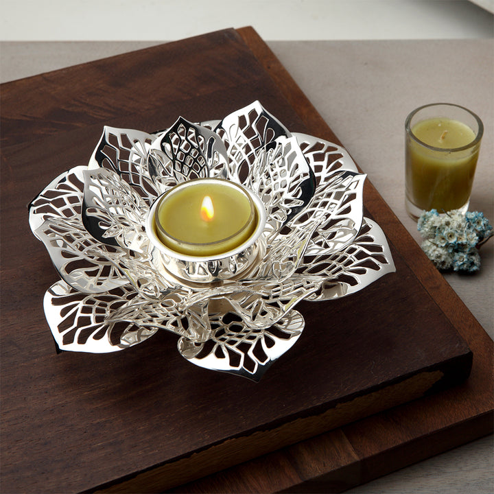 SILVER PLATED TWISTED JAALI LOTUS TEA LIGHT HOLDER